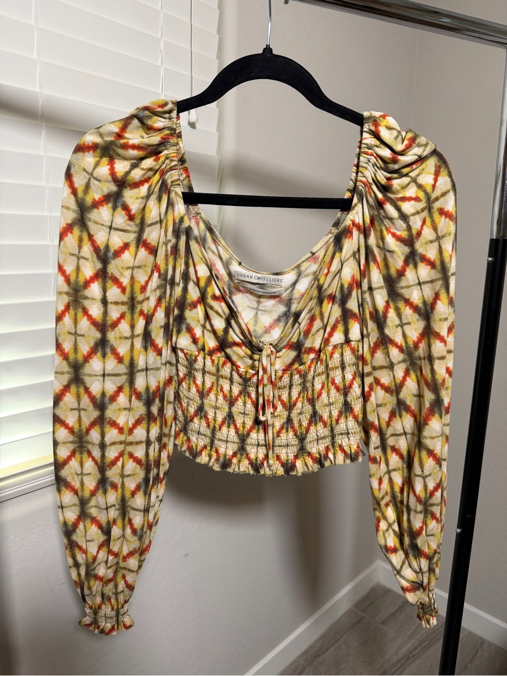 Urban Outfitters Women’s Cream Smocked Crop Top with Olive & Orange Print